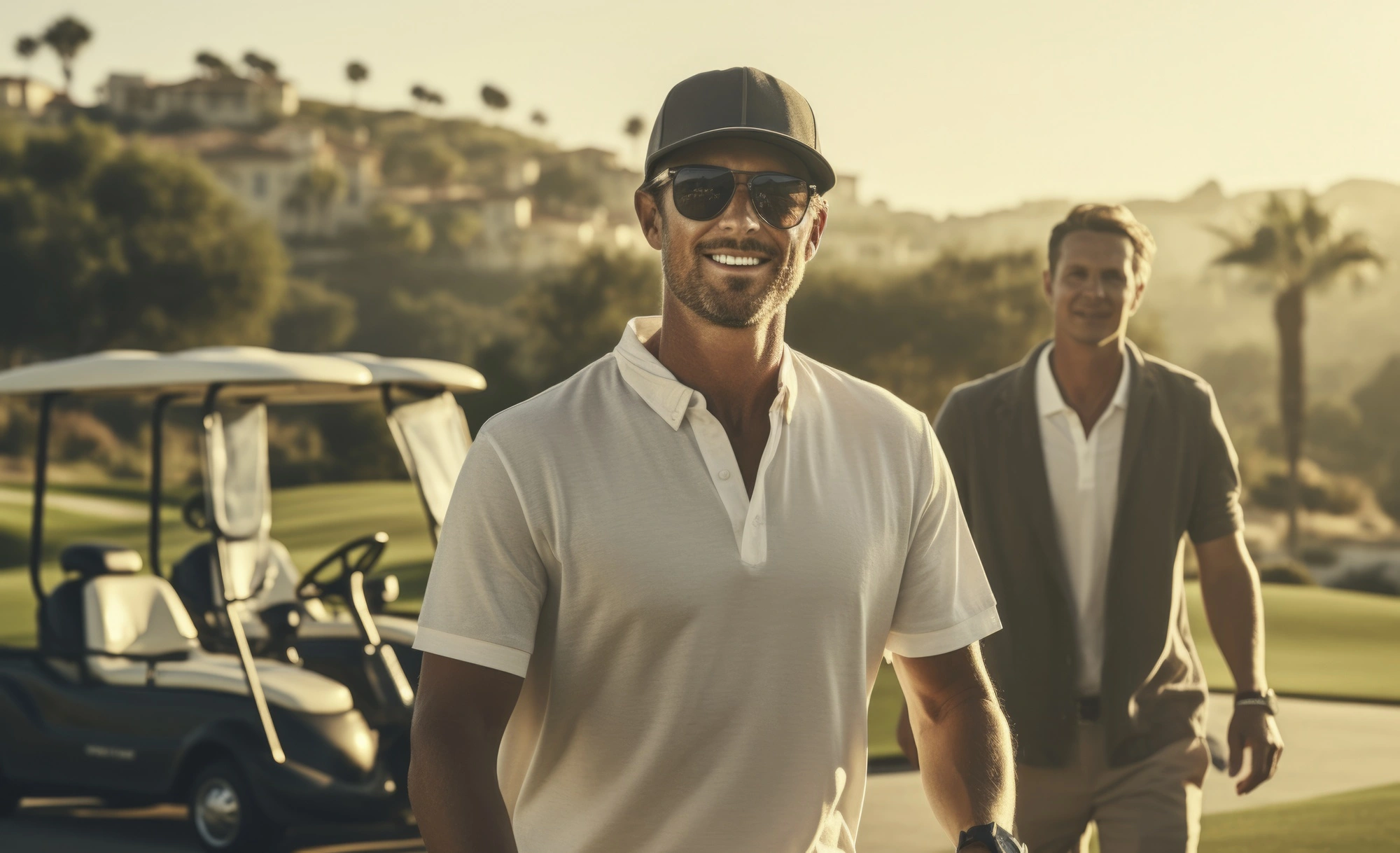 Vista frontal de hombres jugando al golf en la naturaleza