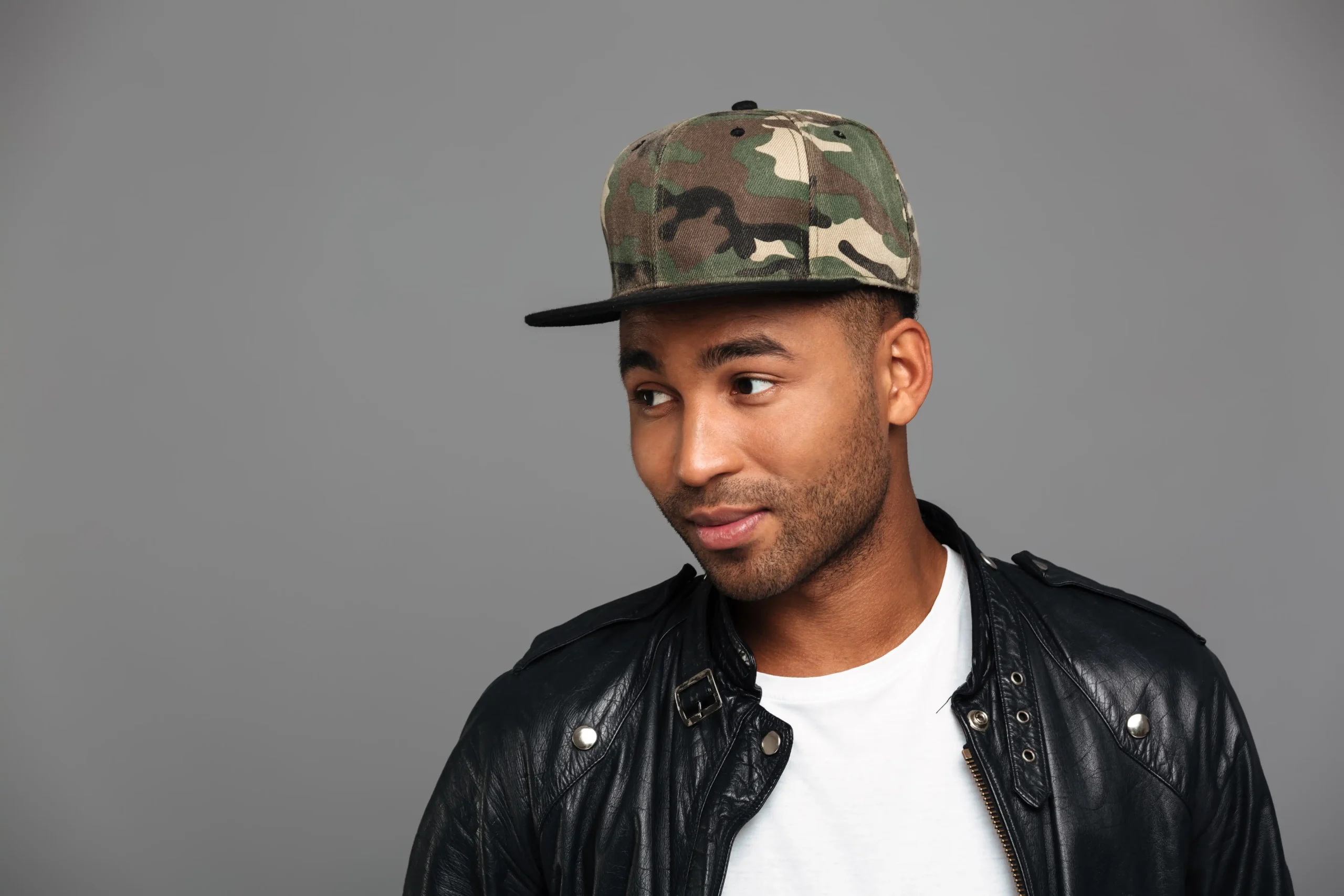 handsome afro american man camouflage cap looking aside compressed handsome afro american man camouflage cap looking aside compressed