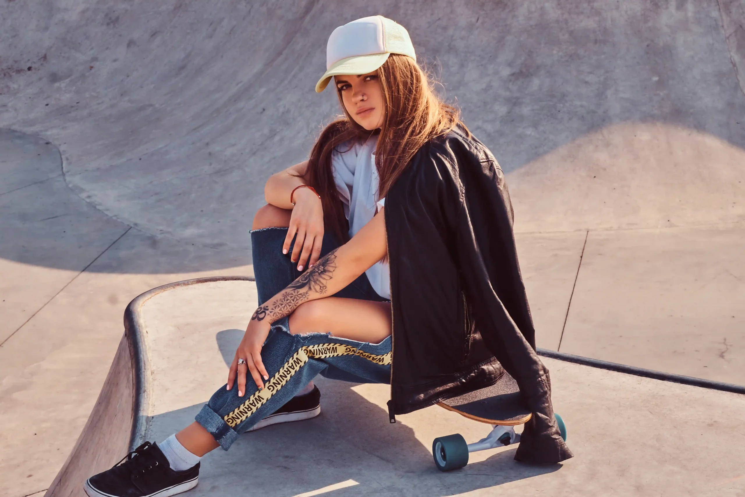 young hipster girl cap dressed ripped jeans white shirt sitting longboard skatepark