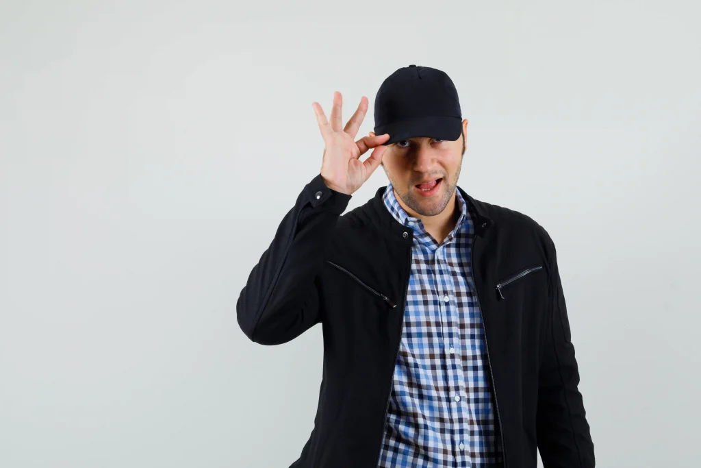 young man holding his cap shirt jacket looking confident