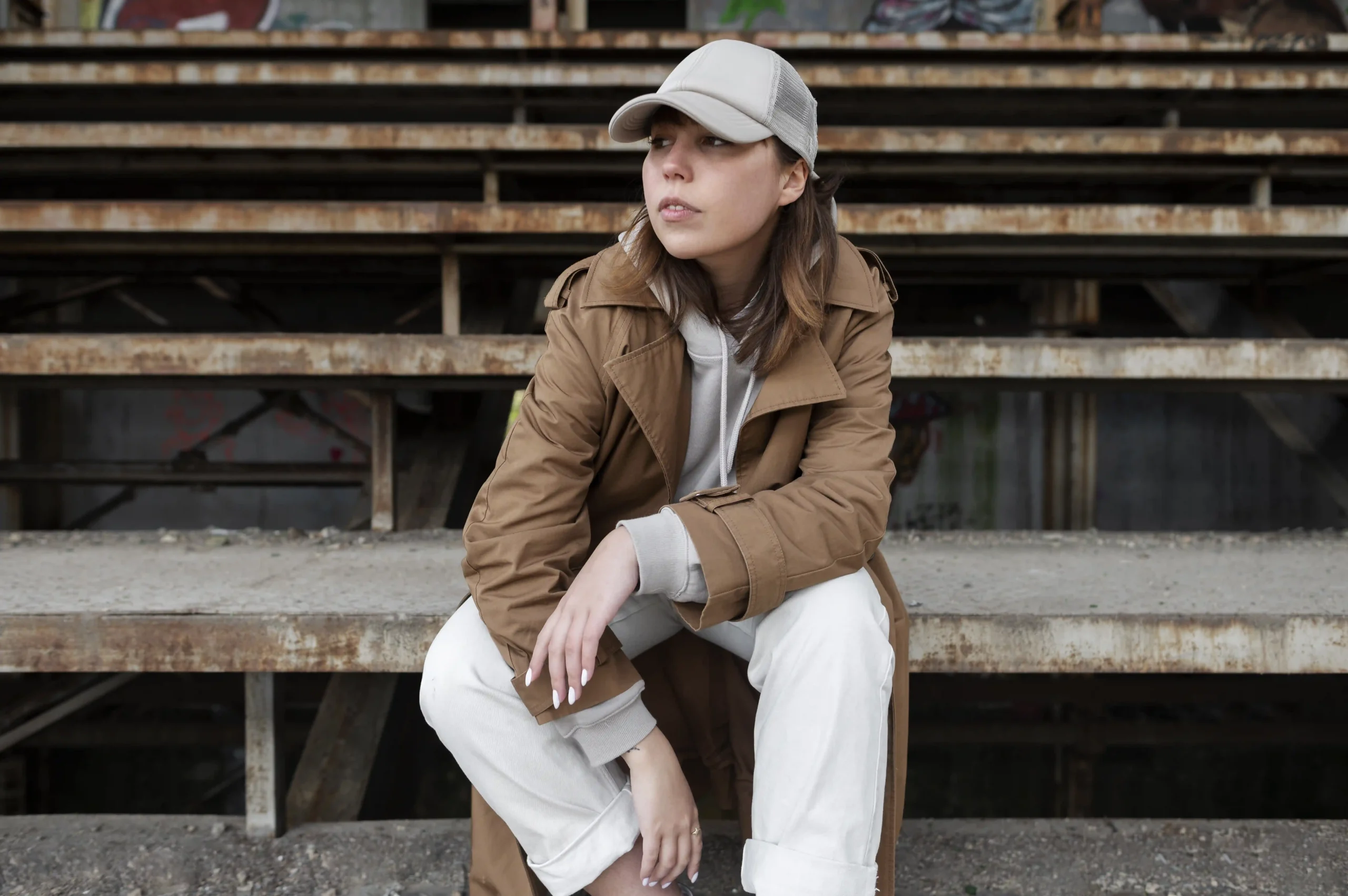 トラッカーハットをかぶった若い女性