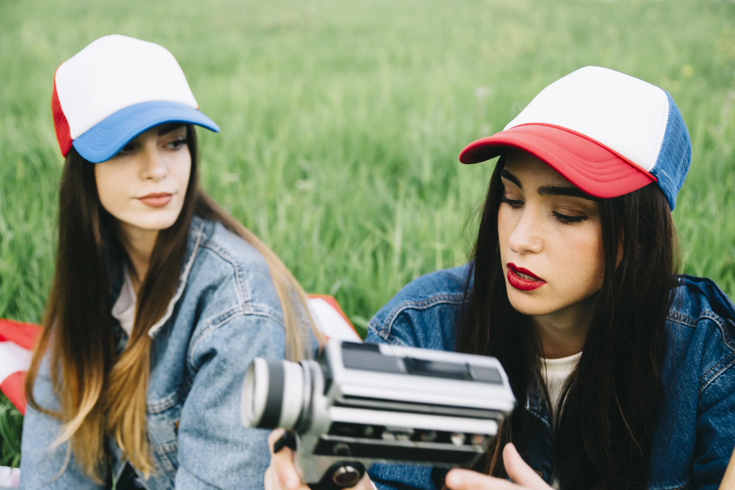 Mujeres jóvenes sentadas en el campo de verano con gorras de colores Mujeres jóvenes sentadas en el campo de verano con gorras de colores