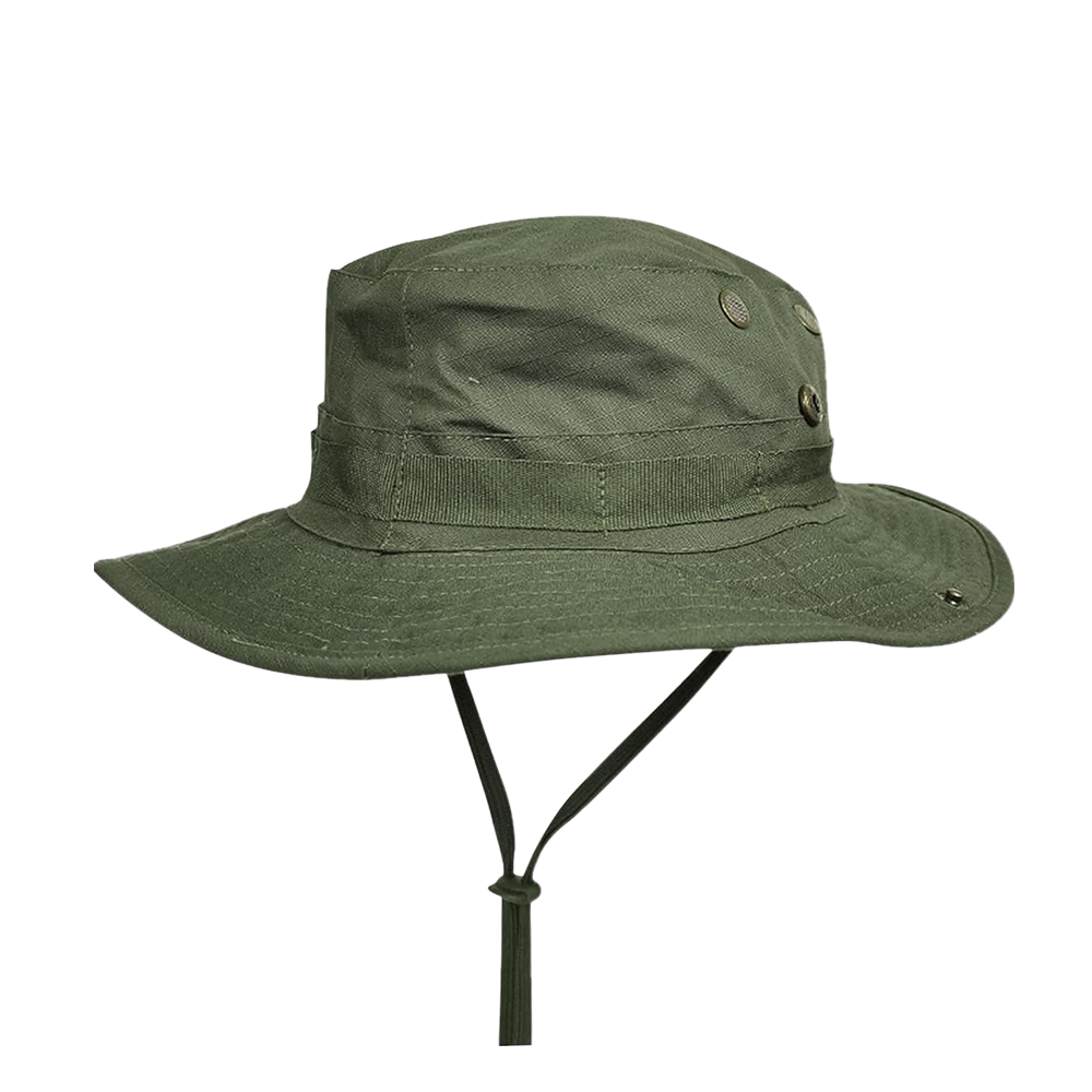 Gorra de pescador verde militar con broches laterales y lazo en la barbilla