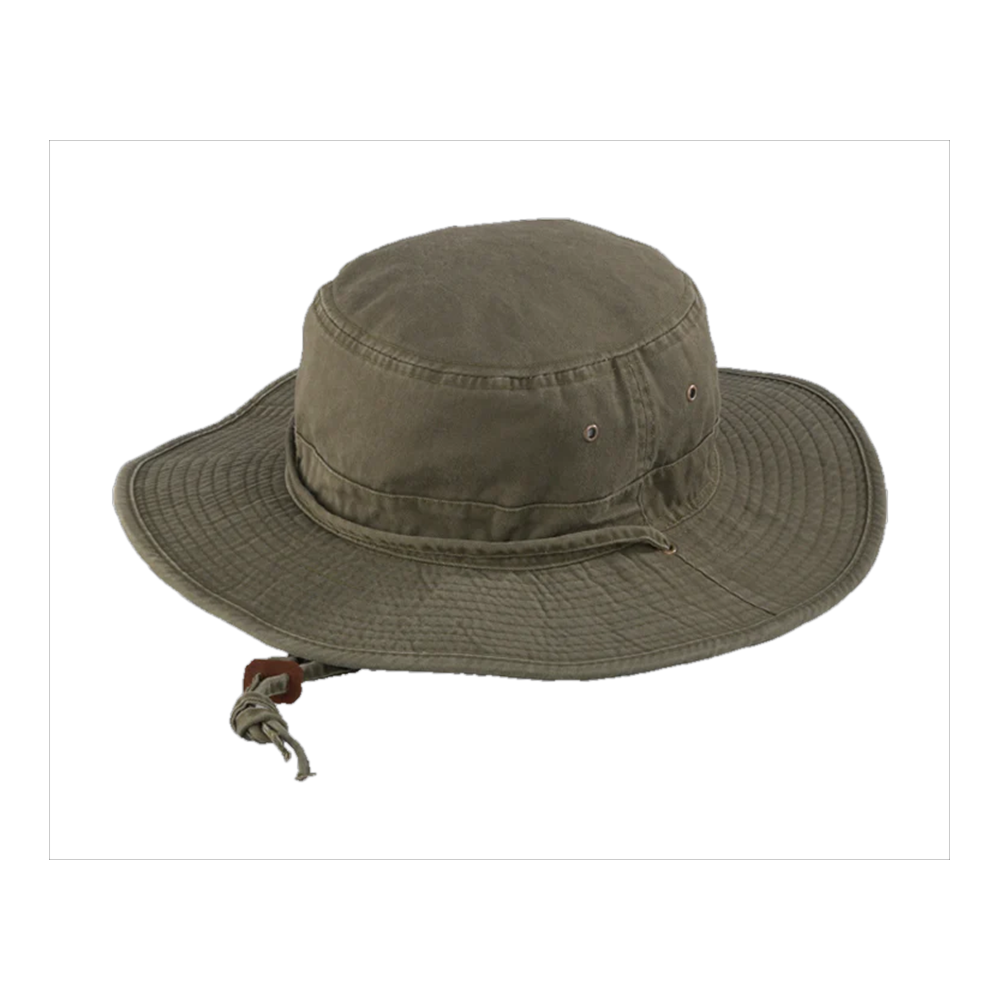 Gorra de pescador verde descolorido con ala ancha y correa ajustable