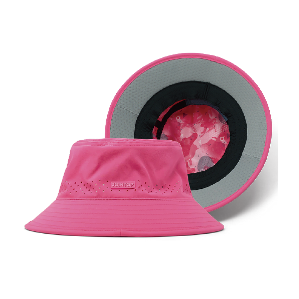 レーザーカットの通気孔と内側の迷彩柄ライニングを備えたピンクのバケットキャップ
