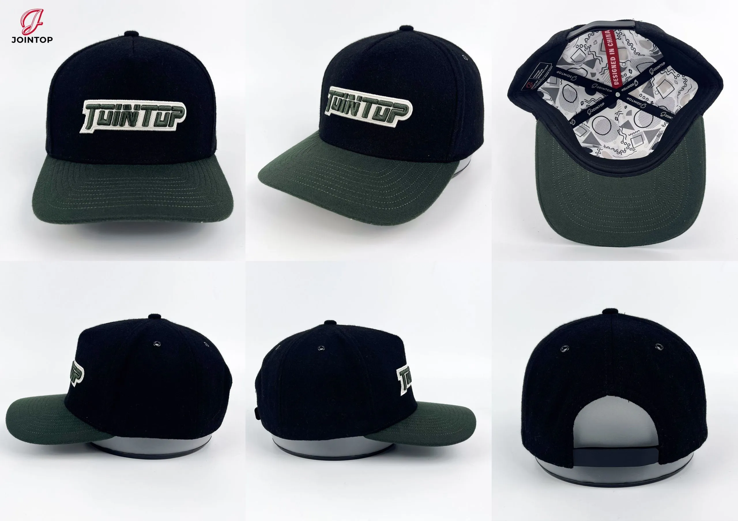 Gorra negra y verde con el llamativo logotipo de JOINTOP