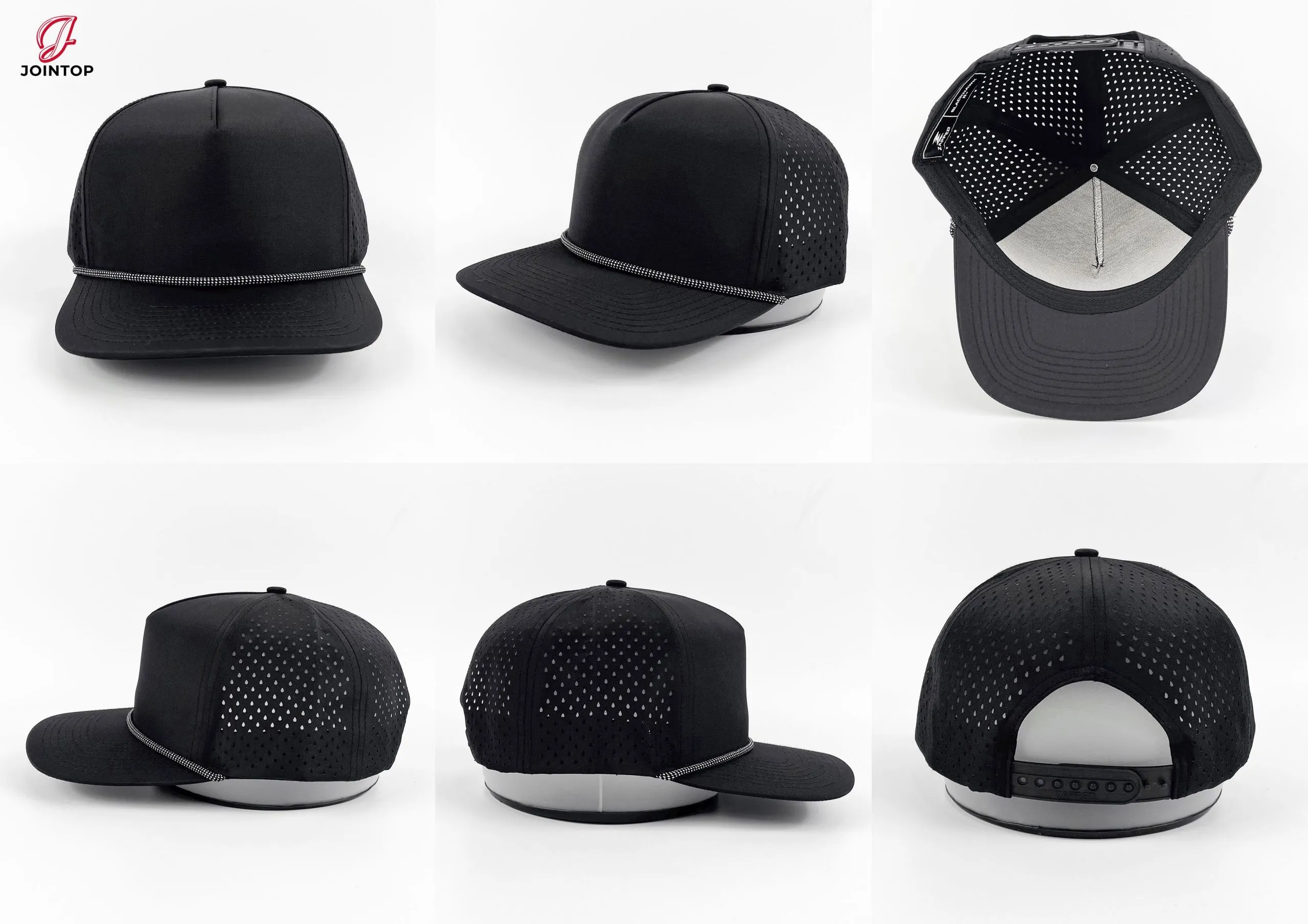 Gorra negra con ribete de cuerda plateada y laterales de malla.