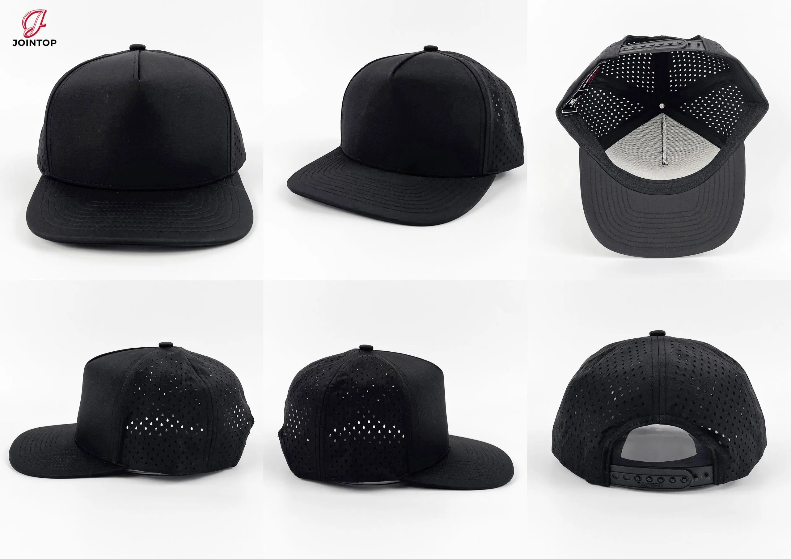 Gorra negra perforada con panel frontal liso