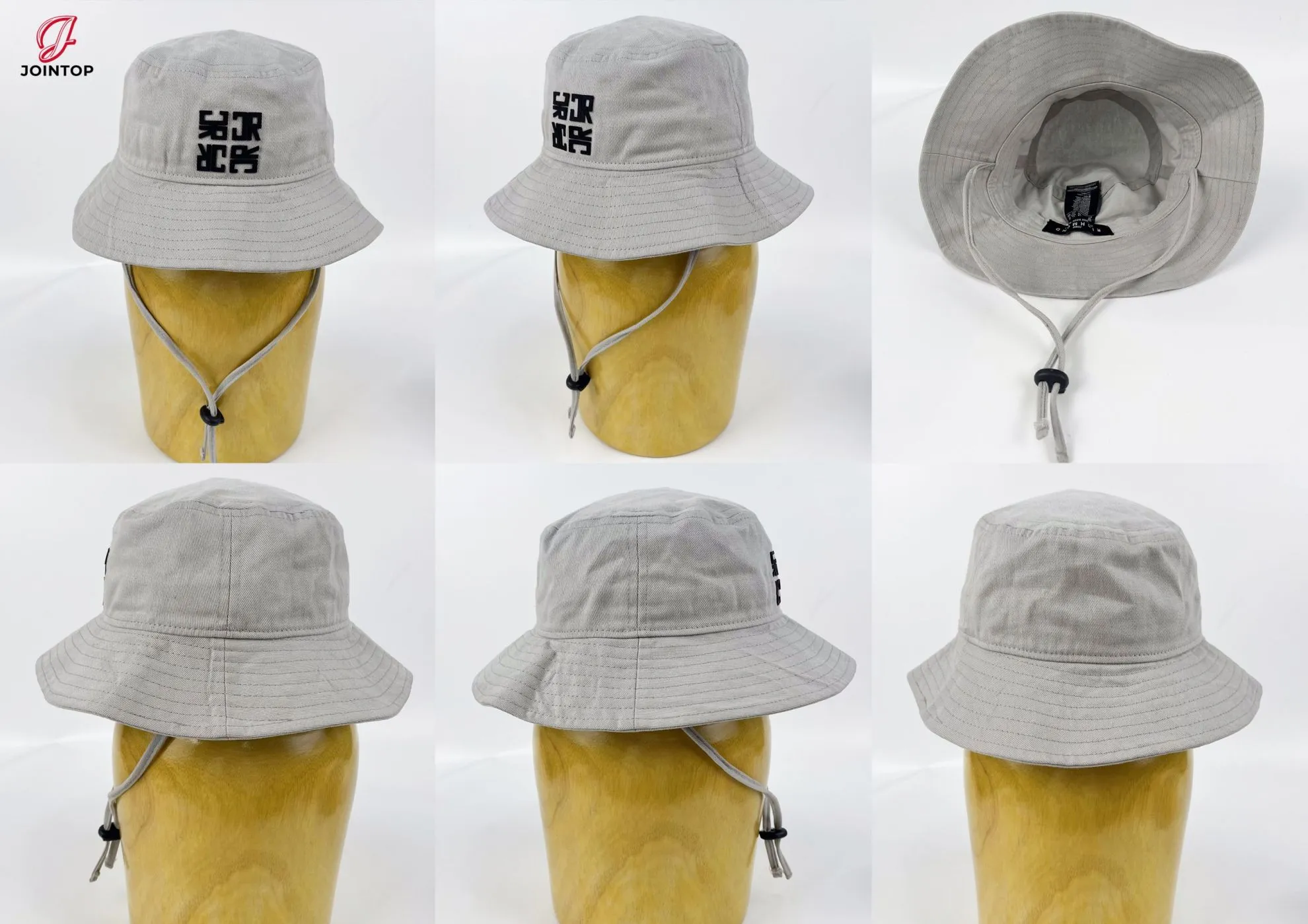 Gray bucket hat with black graphic and chin strap