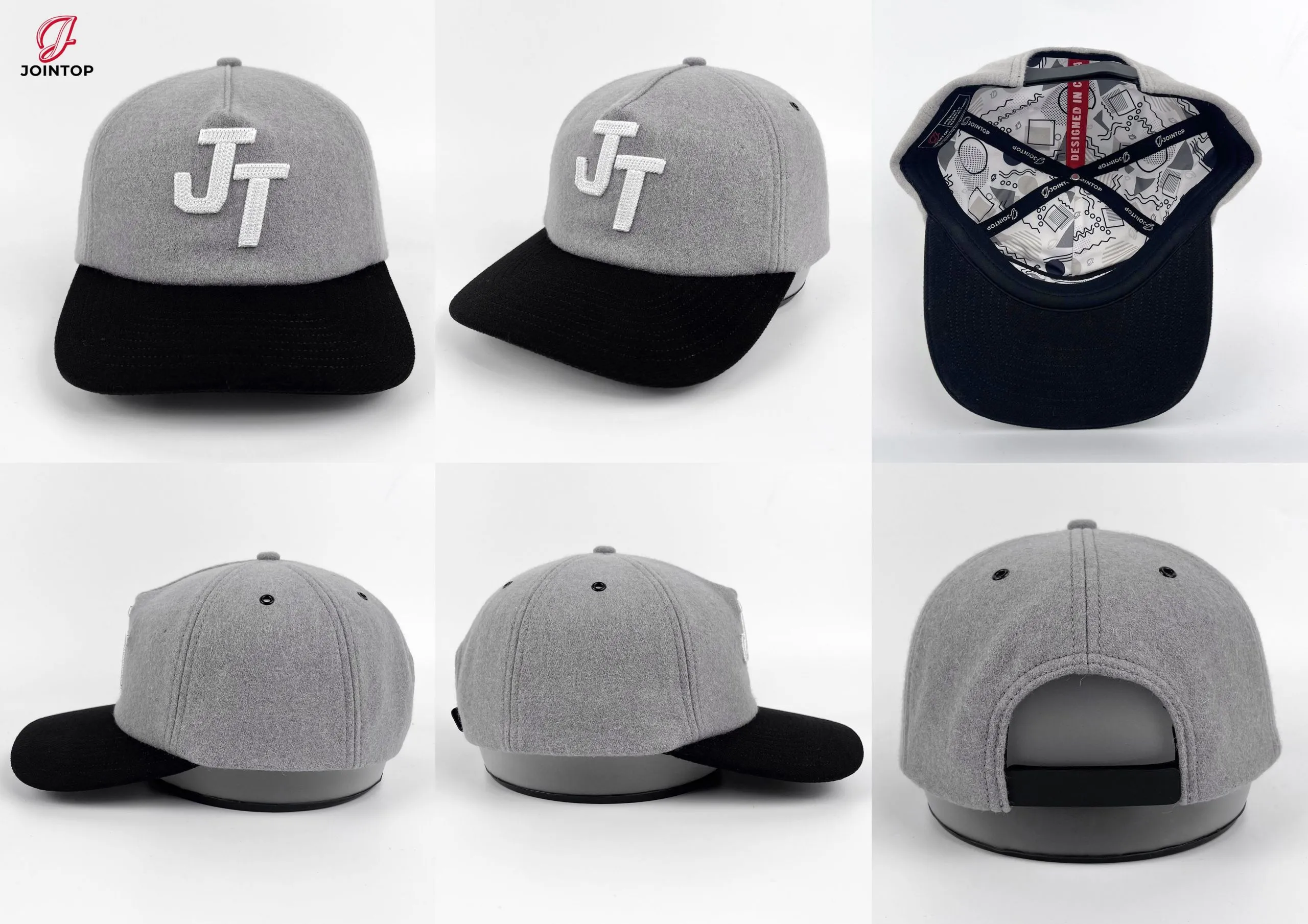 Gorra gris con logotipo de JT y visera negra