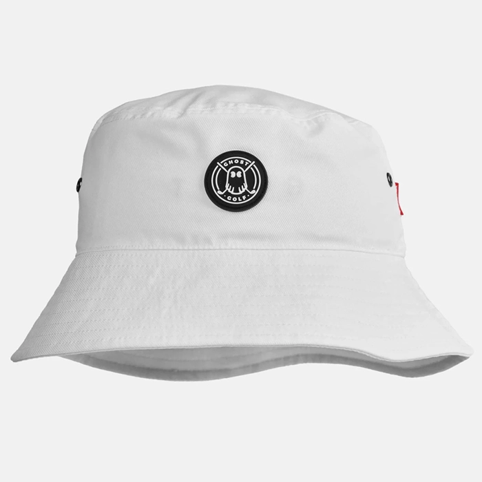 White bucket hat with Ghost Golf logo