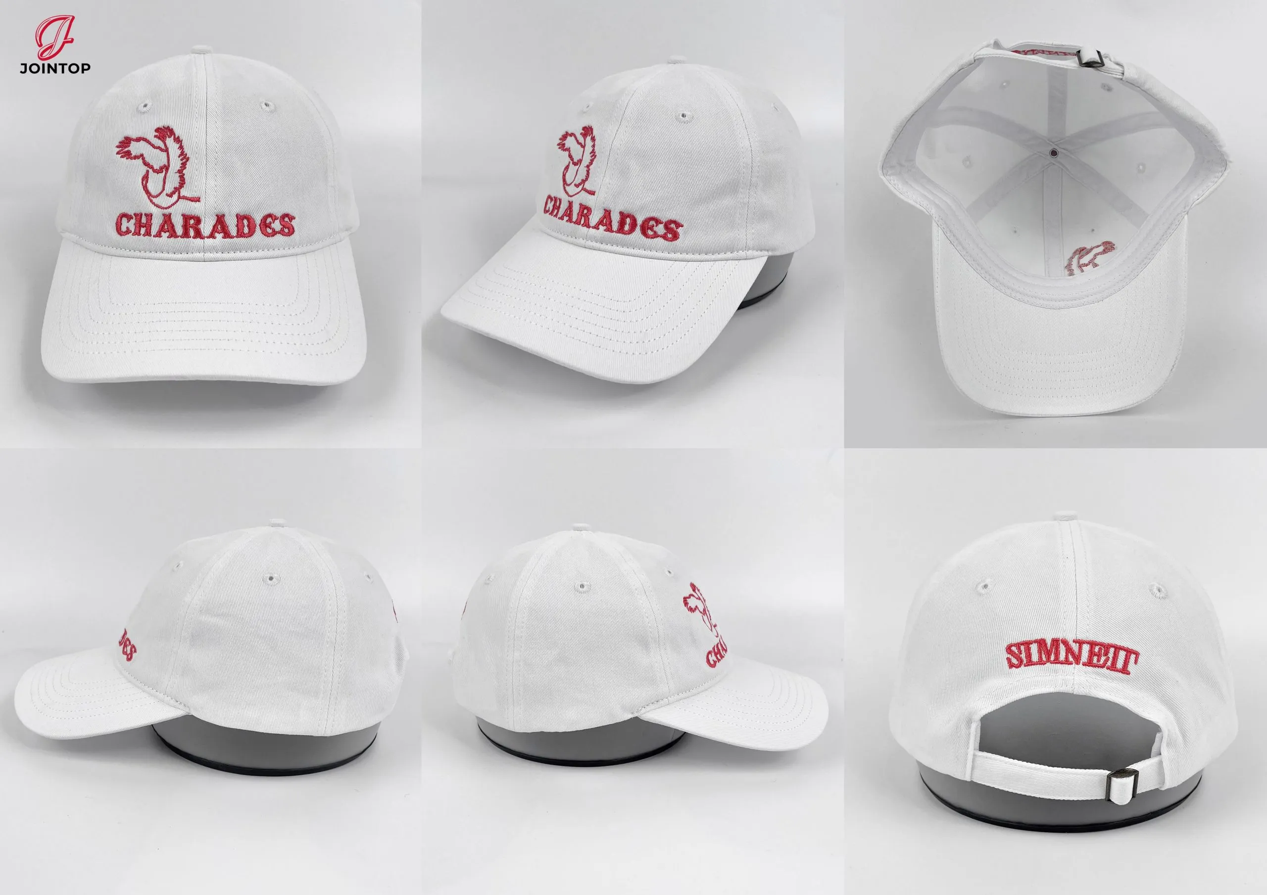 Gorra blanca con CHARADES y gráfico de pájaro