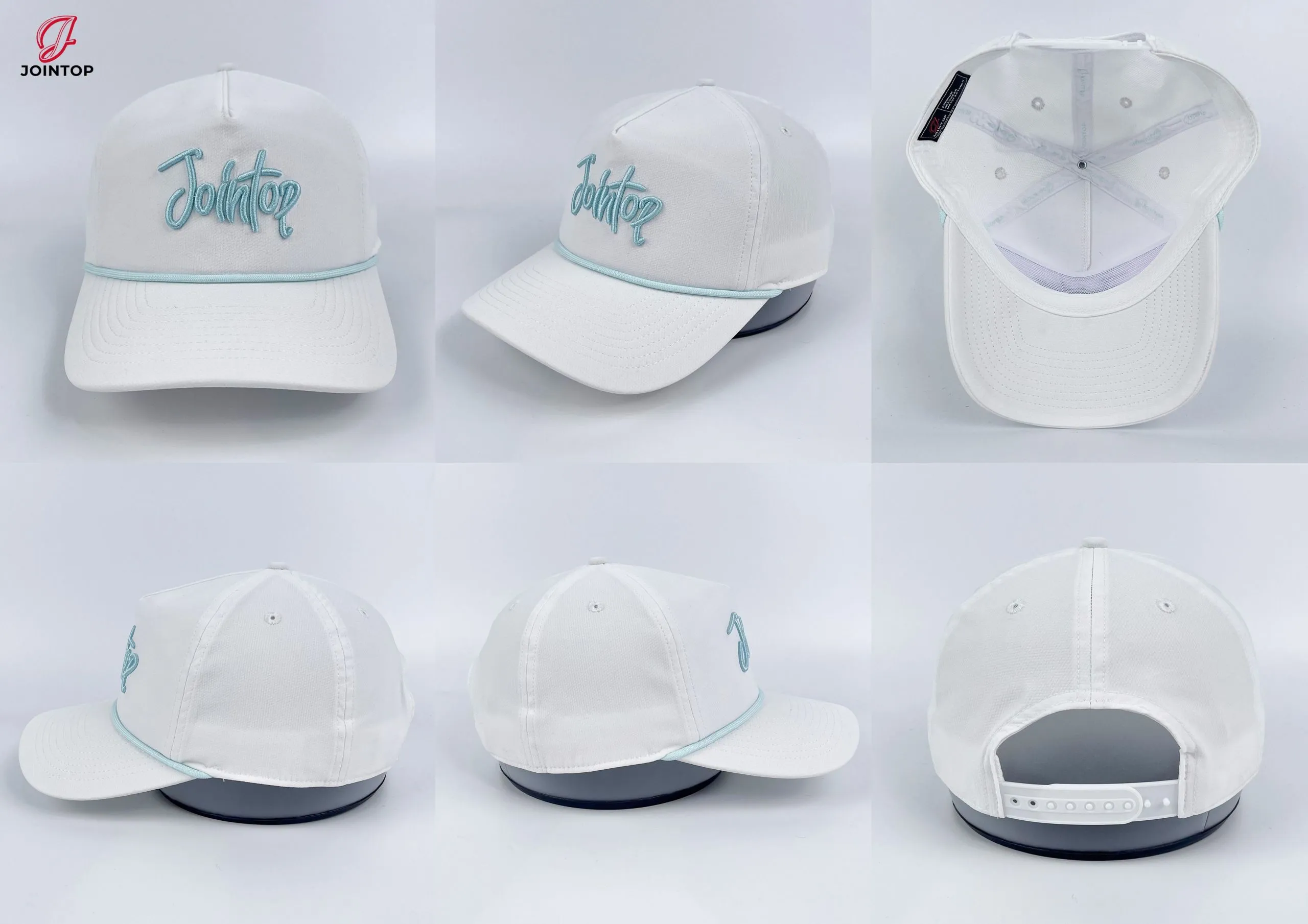 Gorra blanca con el logotipo azul de JoinTop