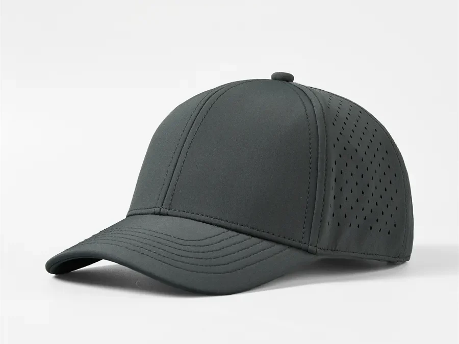 Una gorra de golf de alto rendimiento de color gris oscuro con laterales perforados.