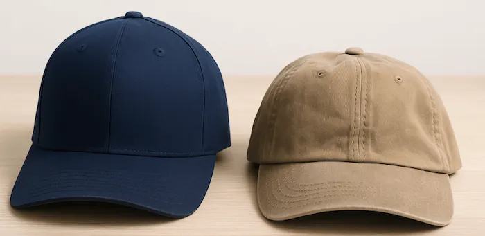 A structured blue hat and unstructured tan hat A structured blue hat and unstructured tan hat