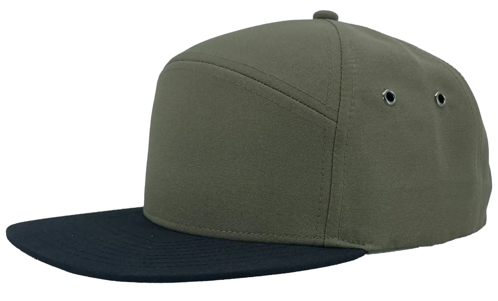 An olive green performance hat with a flat black brim