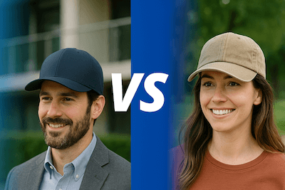 Man wearing a structured hat vs woman in an unstructured hat Man wearing a structured hat vs woman in an unstructured hat