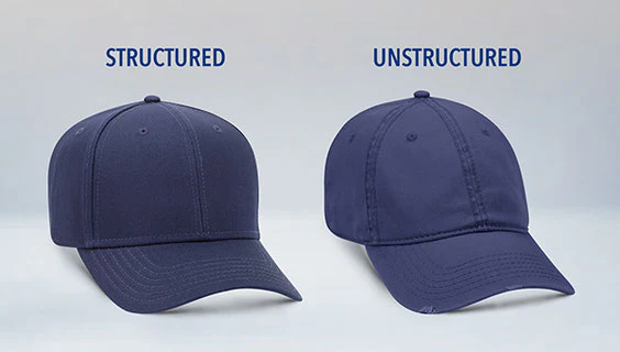 Side by side of structured and unstructured navy hats Side by side of structured and unstructured navy hats