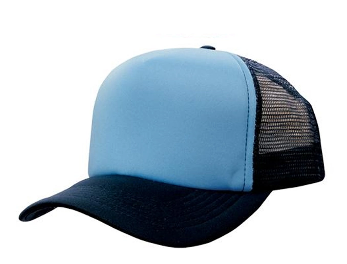 A light blue and navy blue truckers mesh cap