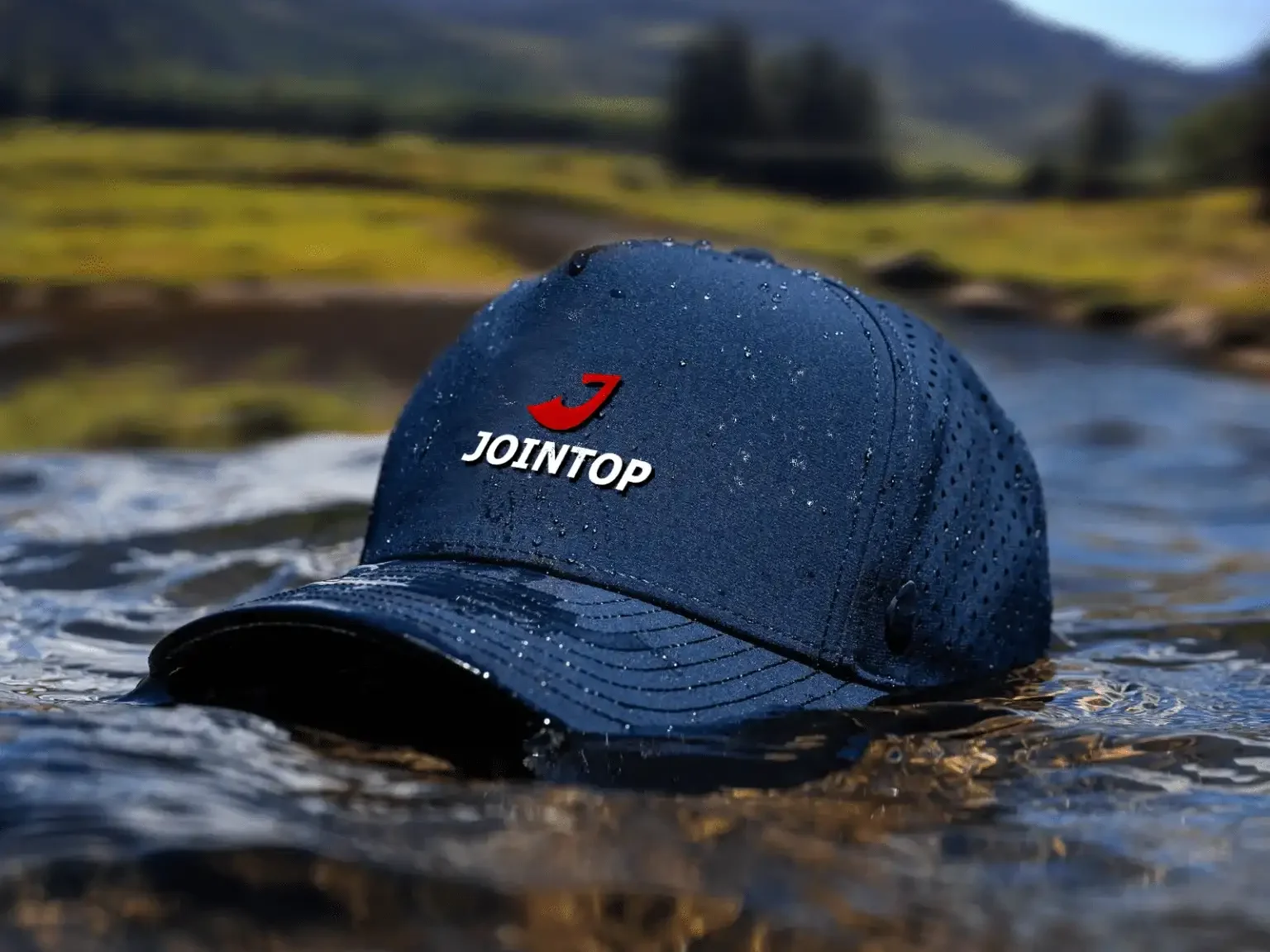 Blue waterproof cap floating in water Blue waterproof cap floating in water