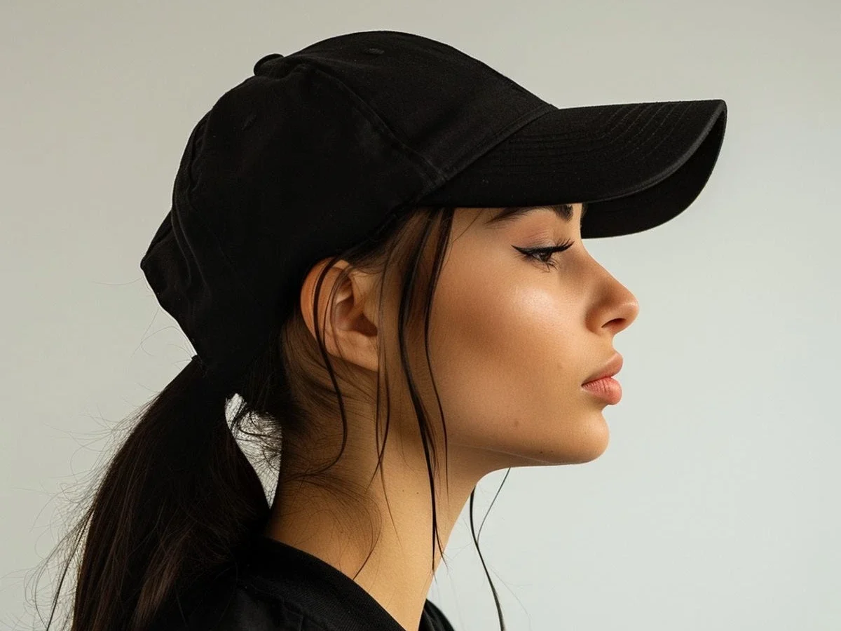 Woman wearing black baseball cap side view Woman wearing black baseball cap side view