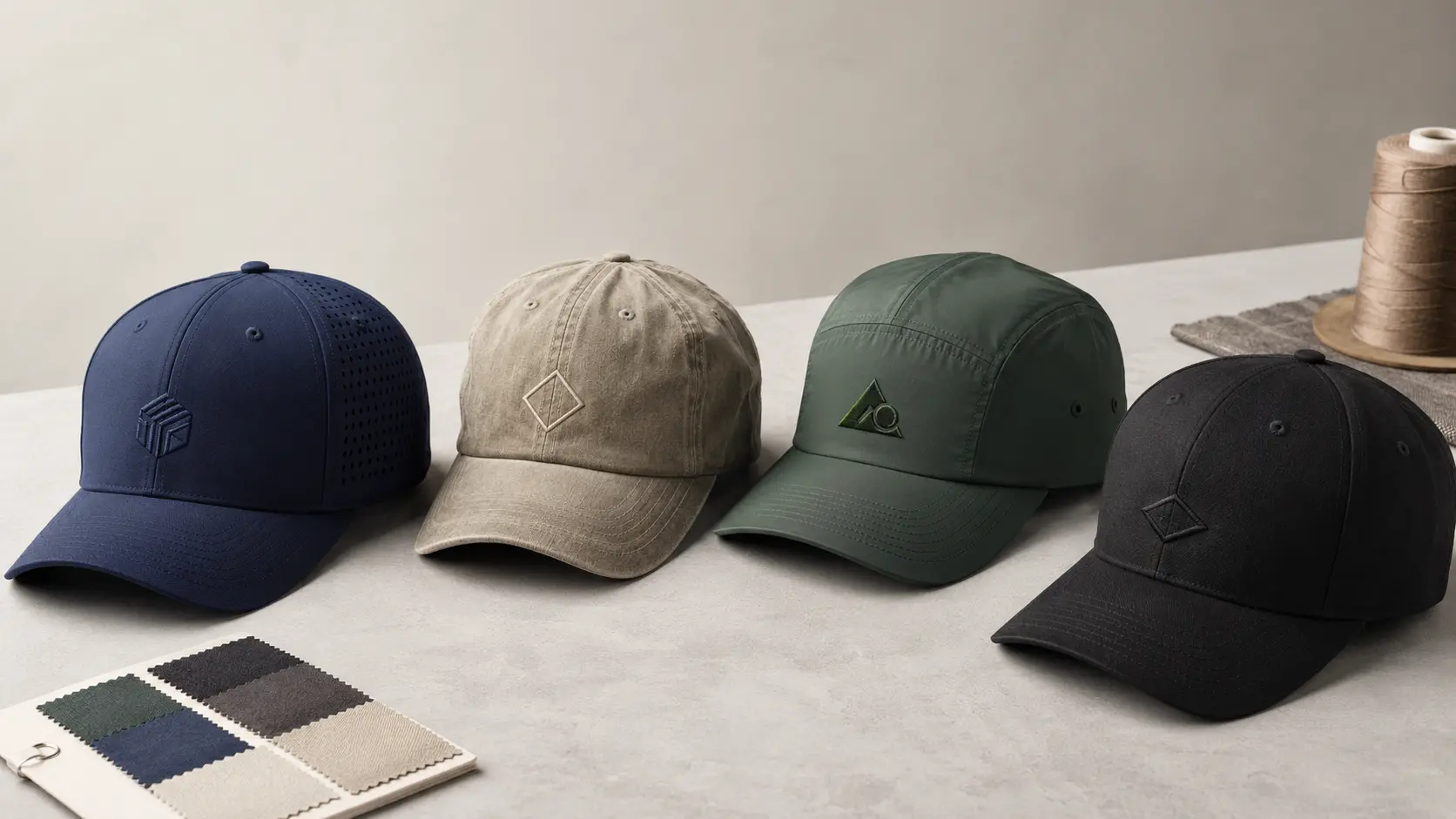 Four custom baseball hats showing structured, unstructured, performance, and five-panel constructions