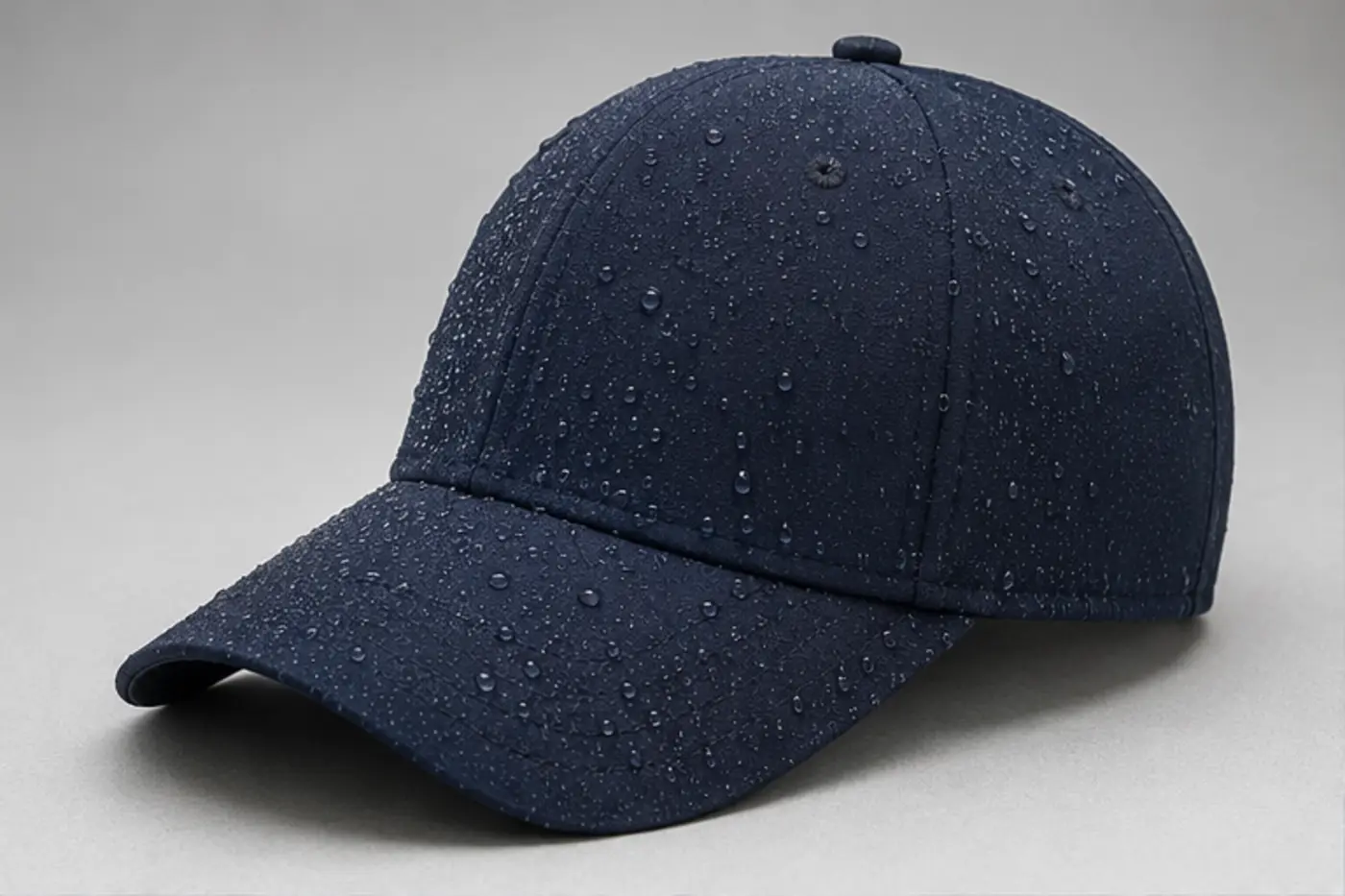Navy custom waterproof golf cap with water beading on the crown and visor