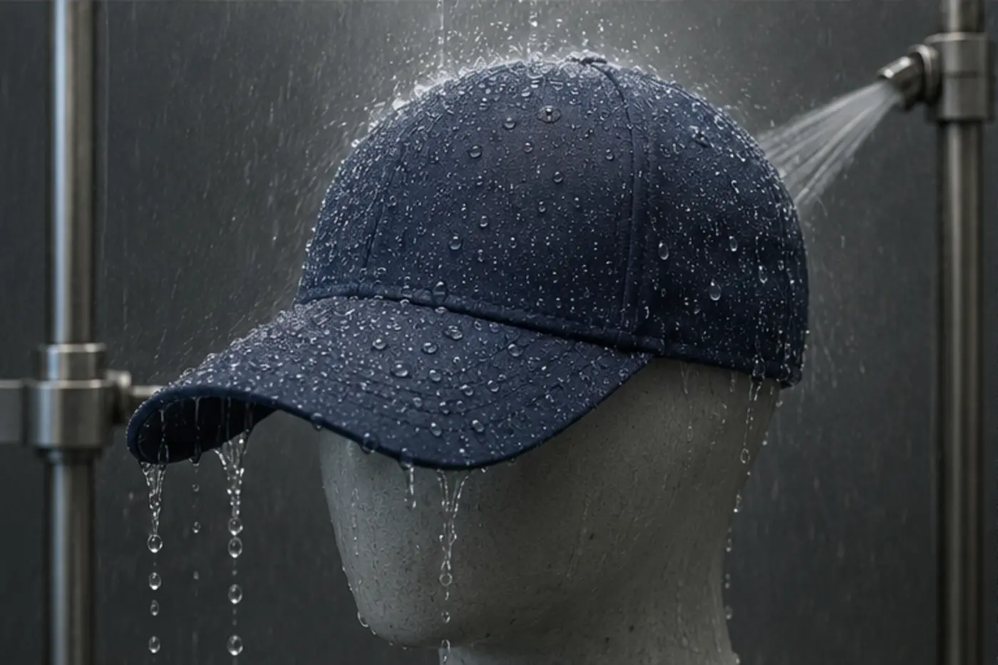Finished waterproof golf cap undergoing a controlled rain spray test on a headform