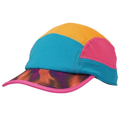 Gorra deportiva brillante con paneles coloridos y visera vibrante.
