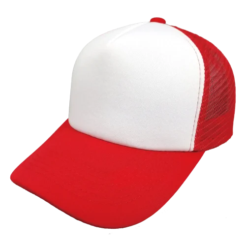 Gorra de malla roja y blanca con diseño de visera curvada