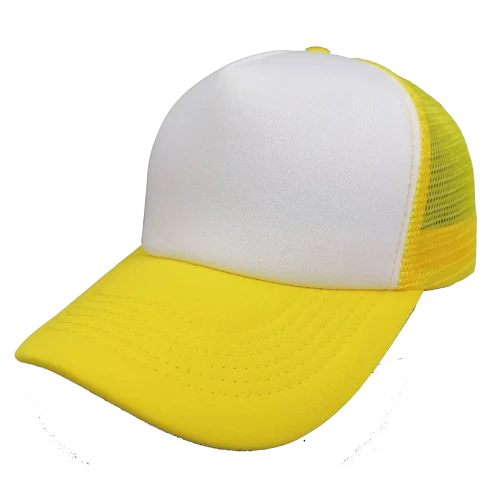 Gorra de malla amarilla y blanca con parte trasera transpirable.